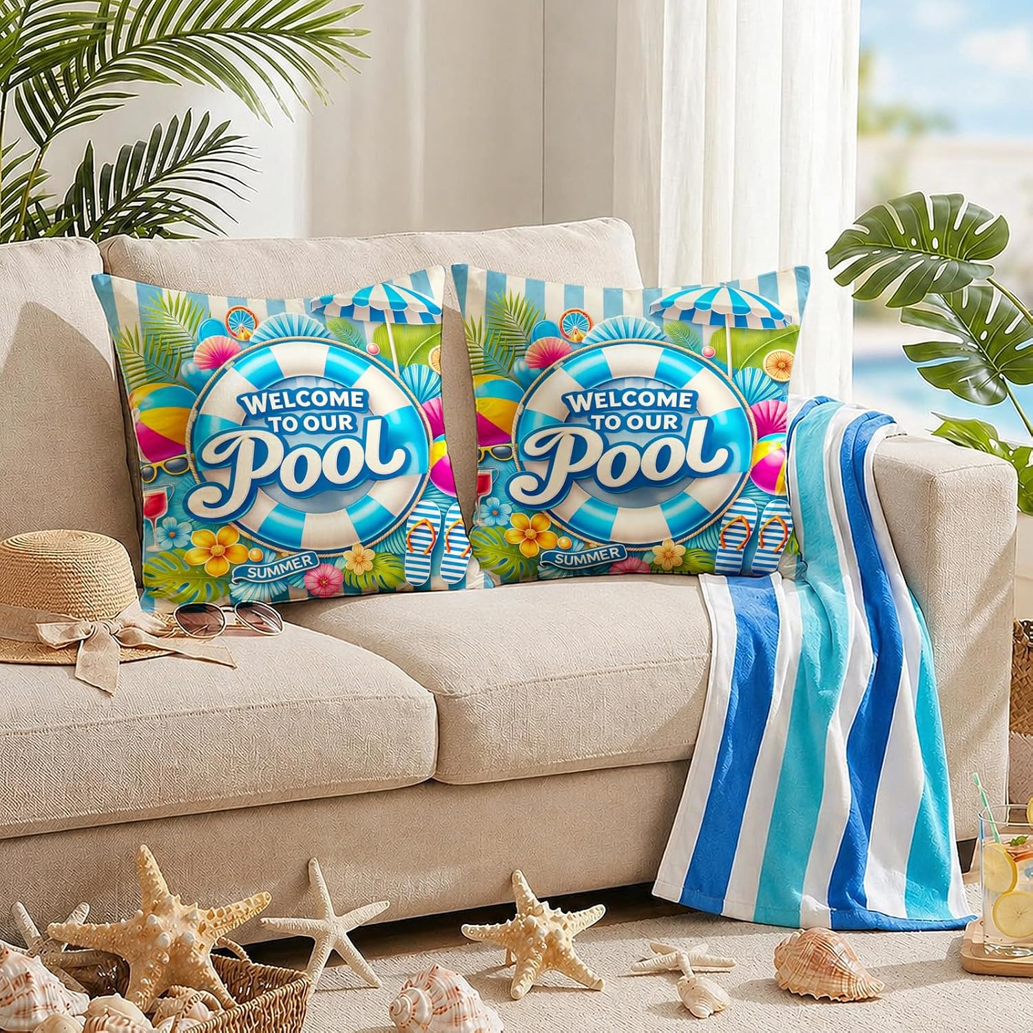 BlissYard Throw Pillow Covers 18x18 Welcome to Our Summer Pool Decorative Pillow Covers Beach Theme Cushion Covers Coastal Swimming Pool…