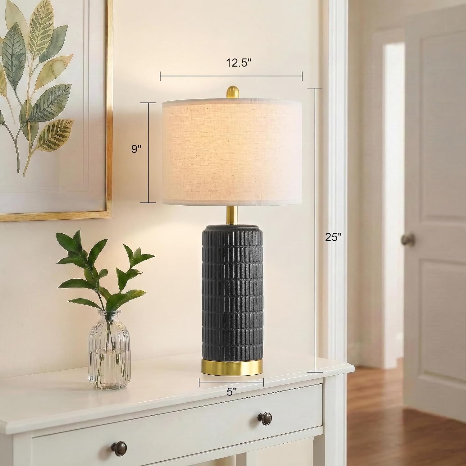 PoKat 25'' Black Ceramic Table Lamps Set of 2 with Gold Base for Bedroom Living Room, Farmhouse Matte-Textured Bedside Lamps for…