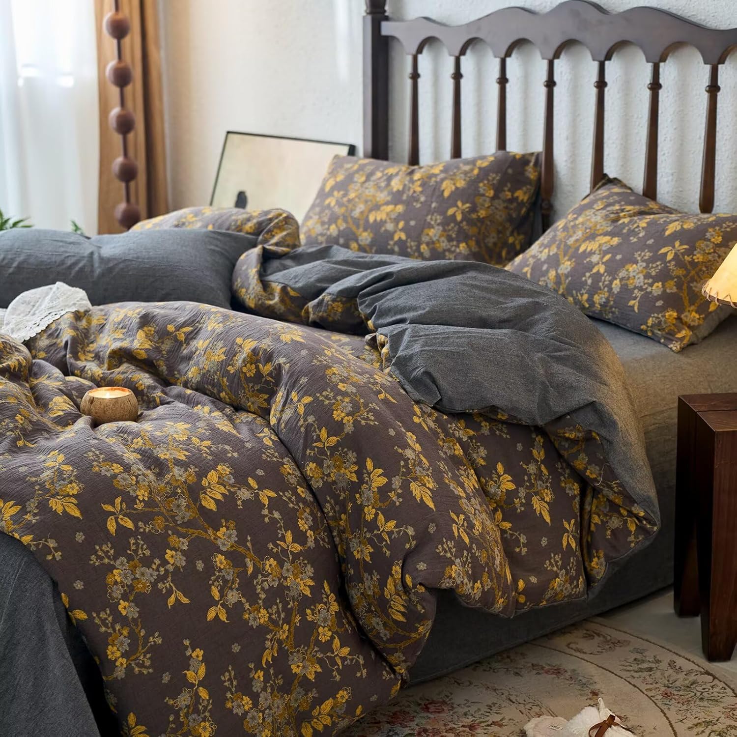 mixinni Vintage Floral Duvet Cover King Set - Gold Jacquard & Grey Reversible, 100% Yarn-Dyed Double-Layer Cotton, Breathable & Luxurious F…