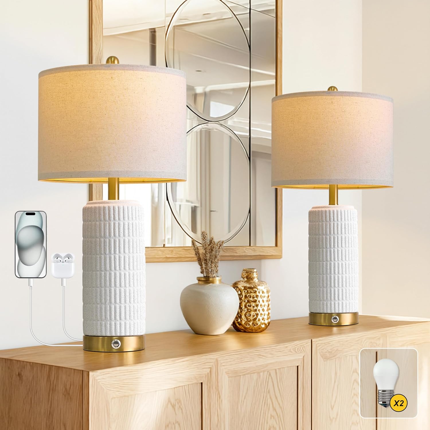 PoKat Stone-Like Ceramic Table Lamps with USB Ports for Bedroom, 25'' Matte-White Dimmable Nightstand Touch Lamps for Night Stands with…