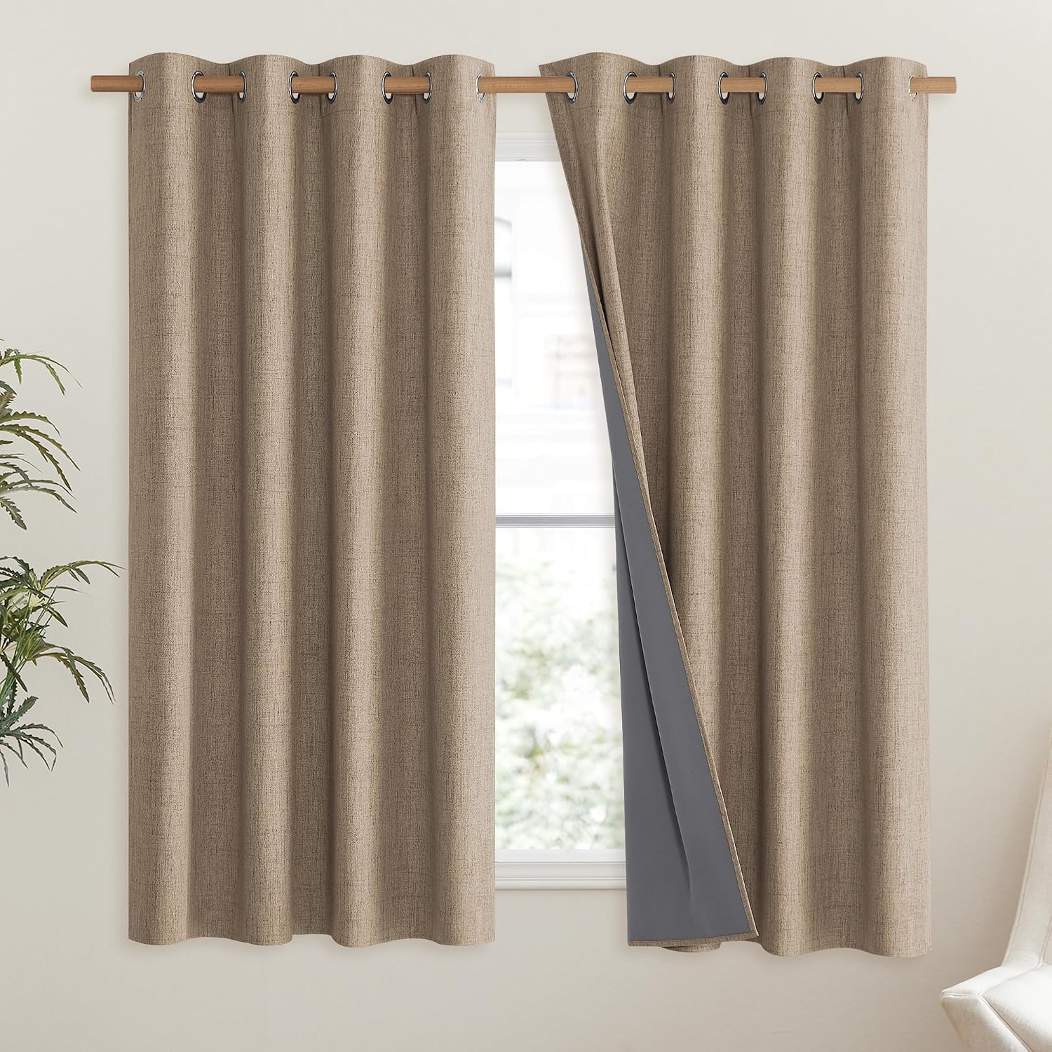 NICETOWN Burlap Vintage Open Linen Weave Flax Thermal Curtains, 100% Blackout Curtains 63" Long for Dining Room, Soundproof Window…