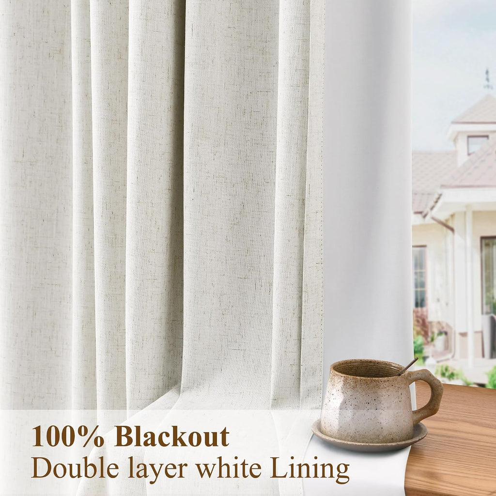 Boodii 100% Blackout Linen Pinch Pleated Curtains Beige 84 Inch Length 2 Panels for Living Room Bedroom Boho Farmhouse with Hooks Light Blo…