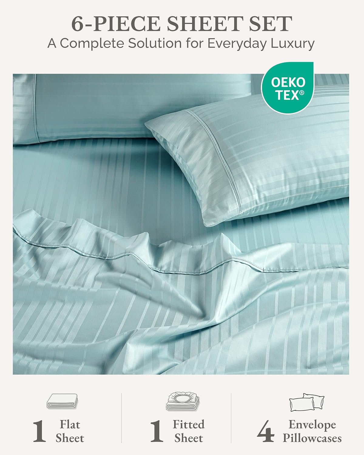 Casa Platino 100% Cotton Sheets King Size Set - 6 Pcs (1 Flat, 1 Fitted, 4 Pillowcases) - Striped 500 TC - Ultra Smooth Sateen Weave Bed…