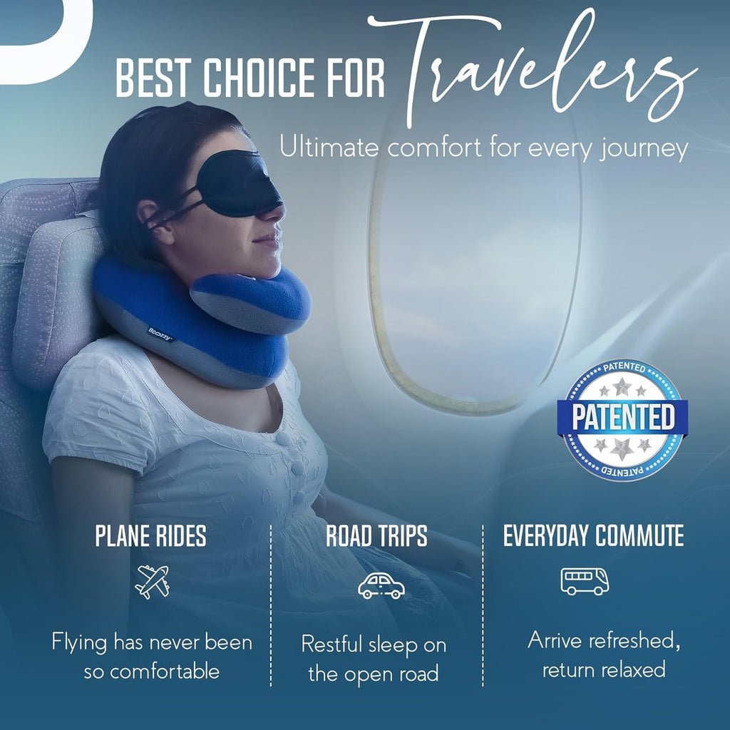 BCOZZY Travel Neck Pillow for Airplane– Patented Double Support for Head, Neck, and Chin. Best for Long Flights, Plane Sleeping, and Car…