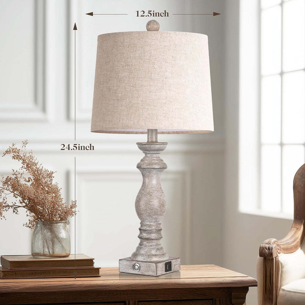 24.5" Table Lamp Set of 2, Rustic Farmhouse Bedside Lamps with USB A+C Charging Ports, 3-Way Dimmable Touch Control Nightstand Lamps for…