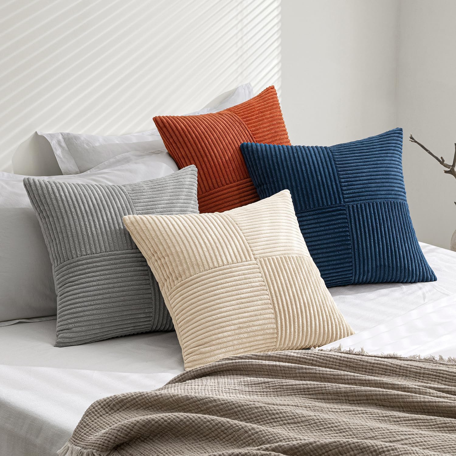 Miulee Blue Rust Throw Pillow Covers 18x18 Inch Set of 4 Boho Farmhouse Cushion Cases Soft Corduroy Nordic Corduroy Pillow Cases Patchwork…