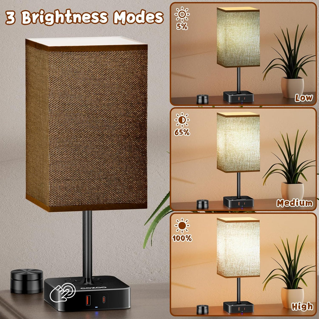 cozoo Bedroom Table Lamp with Remote Operation Control, Dimmable Bedside Table Desk Lamps with USB C+A Charging Ports 2 AC Outlets (Brown…
