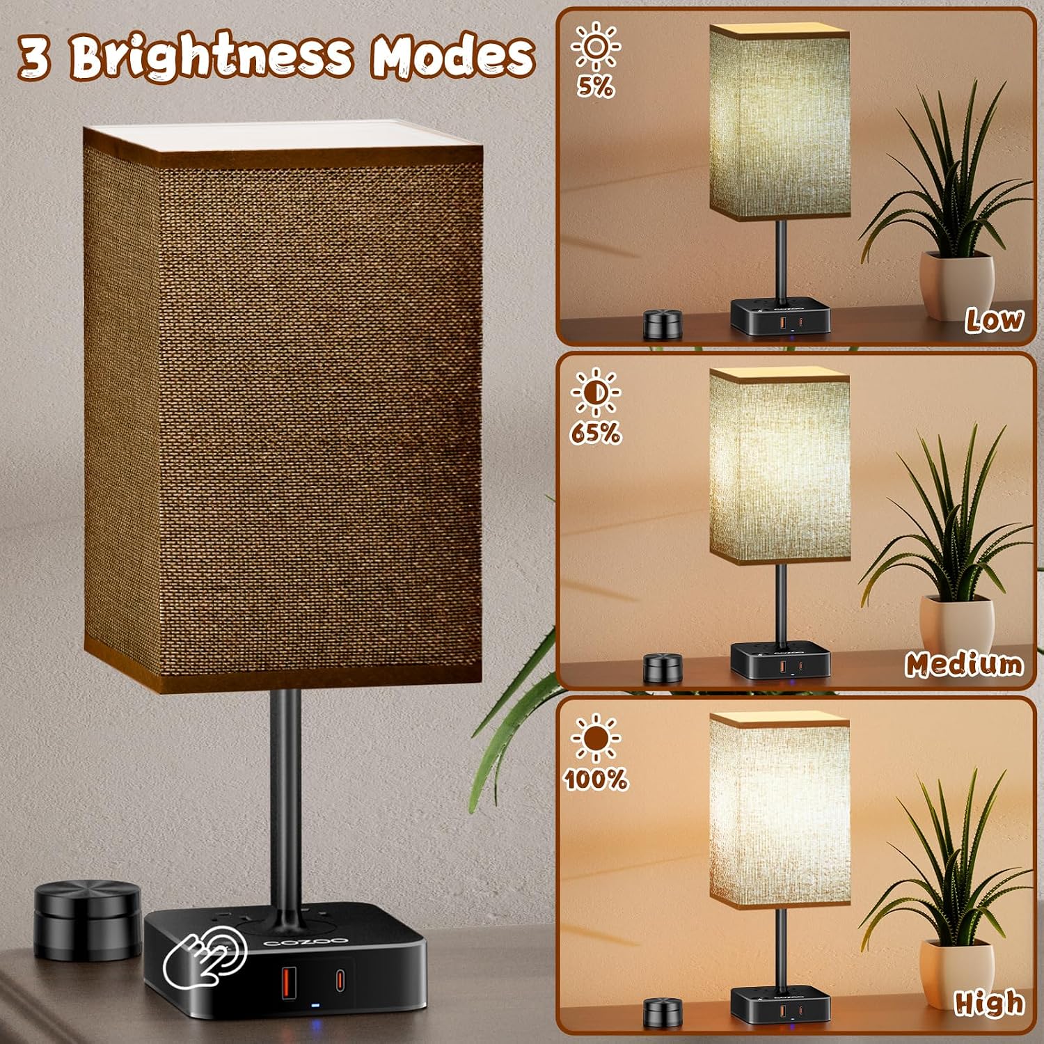 cozoo Bedroom Table Lamp with Remote Operation Control, Dimmable Bedside Table Desk Lamps with USB C+A Charging Ports 2 AC Outlets (Brown…