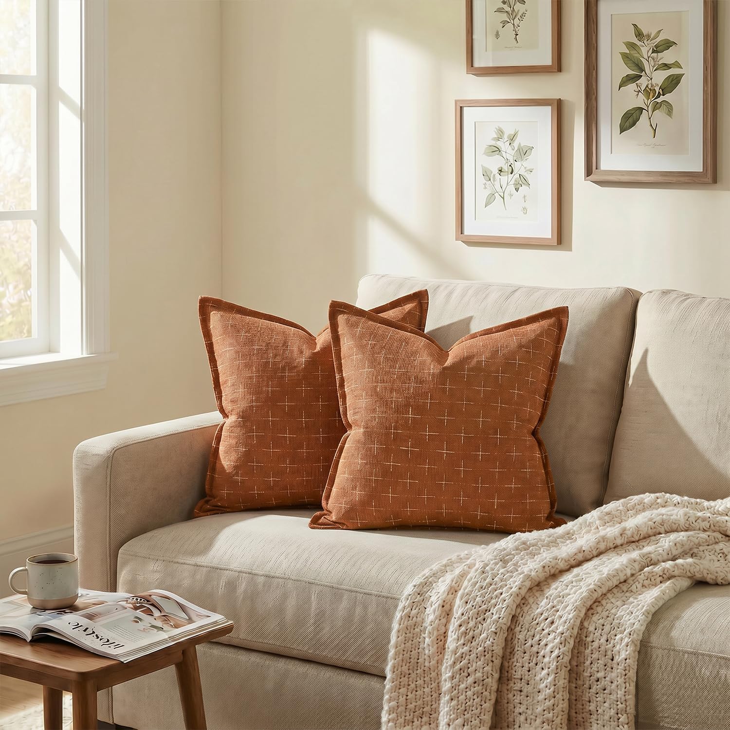 AVOINcolorlife AVOIN colorlife Pack of 2 Decorative Throw Pillow Covers 16x16 Inch, Flange Edges Woven Textured Cushion Case Home Decor for…