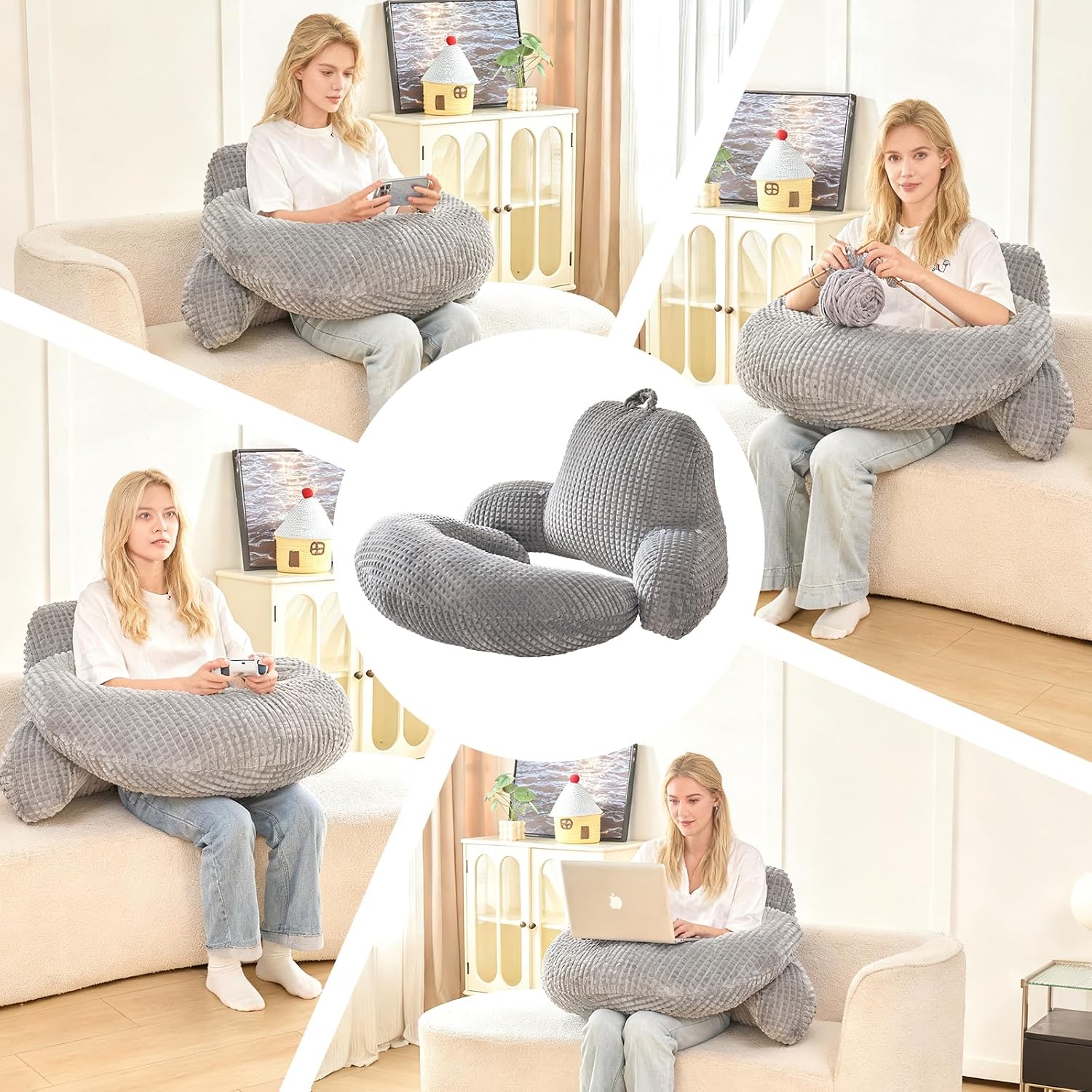 Bed Reading Pillow with Arms 19", Cozy Flannel U Shaped Back Support Cushion for Sit up in Bed, Ergonomic Lumbar Backrest for Adult…
