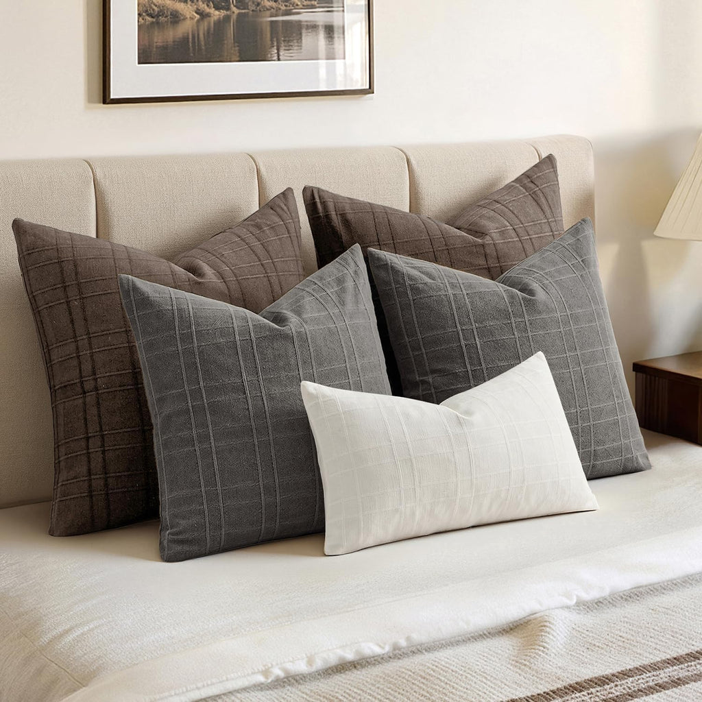 Miulee Decorative Linen Check Lumar Throw Pillow Covers Neutral Farmhouse Vintage Pillow Covers 20x20 Inch Set of 2 Boho Modern Home Decor…