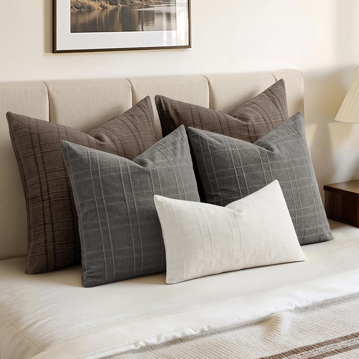 Miulee Decorative Linen Check Lumar Throw Pillow Covers Neutral Farmhouse Vintage Pillow Covers 20x20 Inch Set of 2 Boho Modern Home Decor…