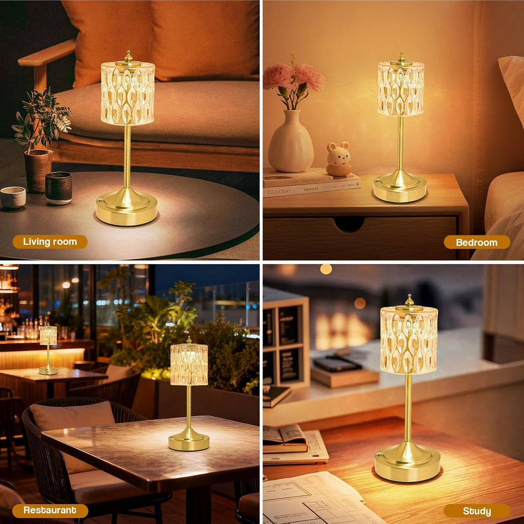 Cordless Crystal Table Lamp, 5200mAh Rechargeable Battery, 3 Color Dimmable Touch Control, Portable Vintage Gold Desk Lamp for Bedroom…