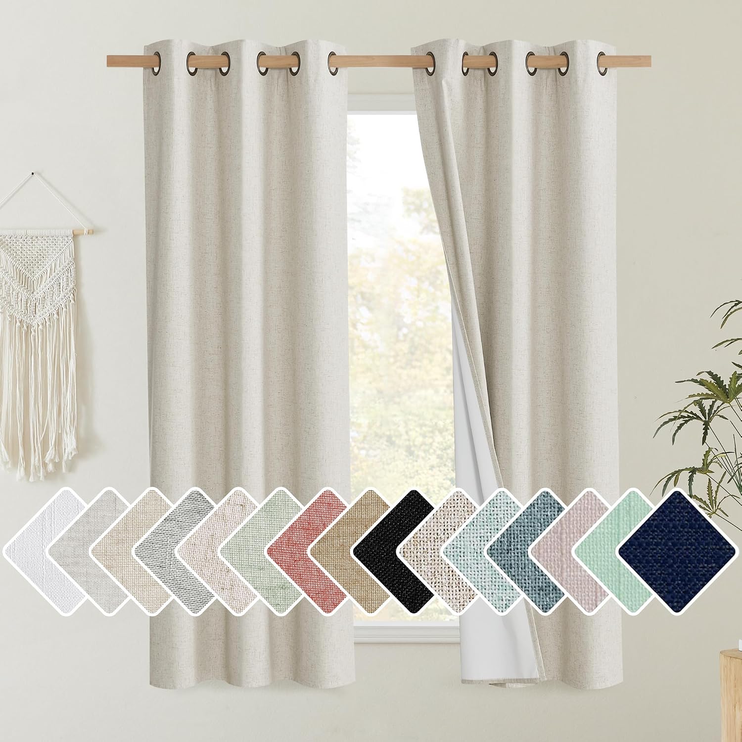 NICETOWN Natural Thick Linen Blend 100% Blackout Curtains 60" Long 2 Panels Set for Bedroom, 34" Wide, Rustic Grommet Thermal Insulated…