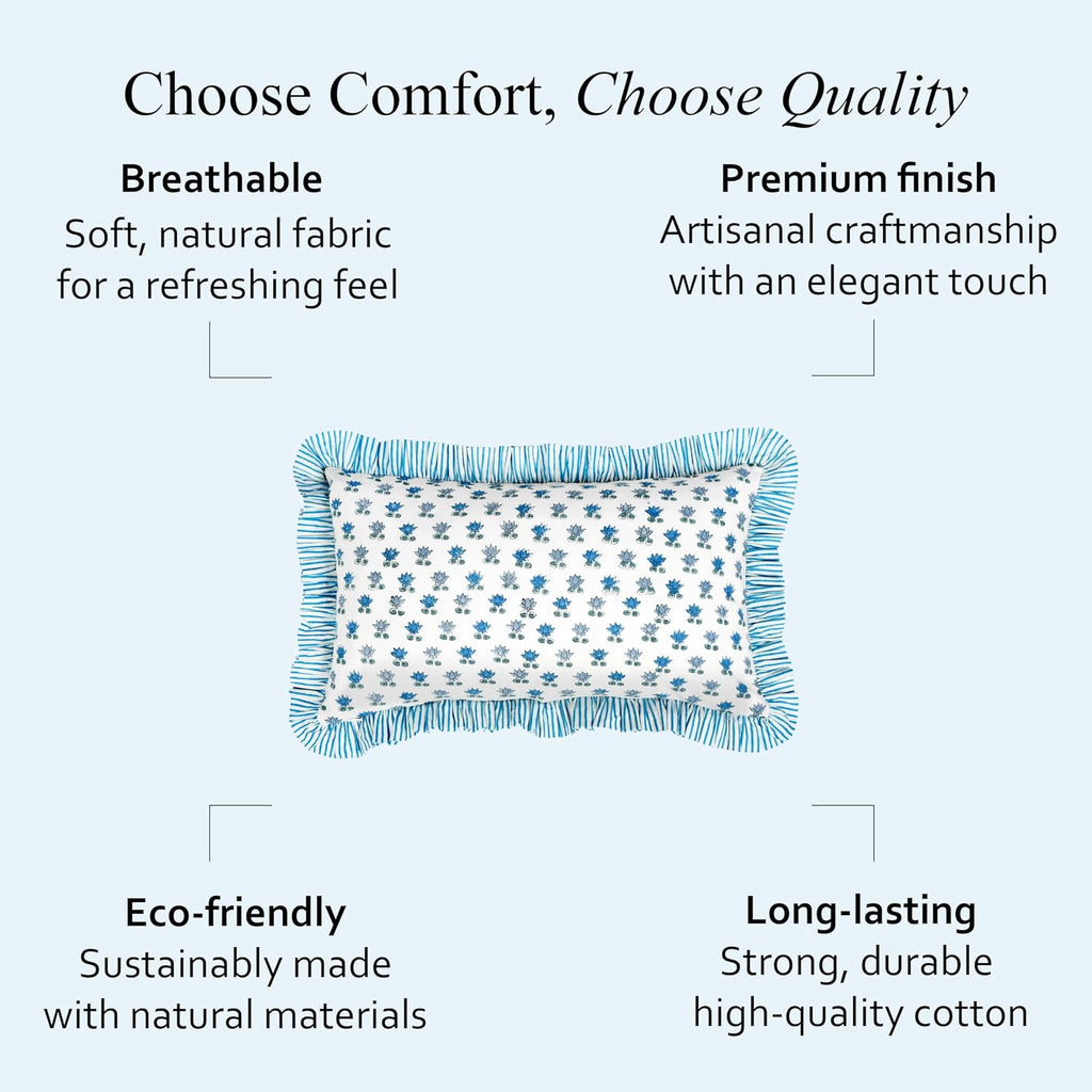 Cottonprintclub CPC Hand Block Print Arctic Blue Ruffle Sham Pillow Cover 20" x 12" inch Hidden Zipper Decorative Pillowcase for Couch, Bed…