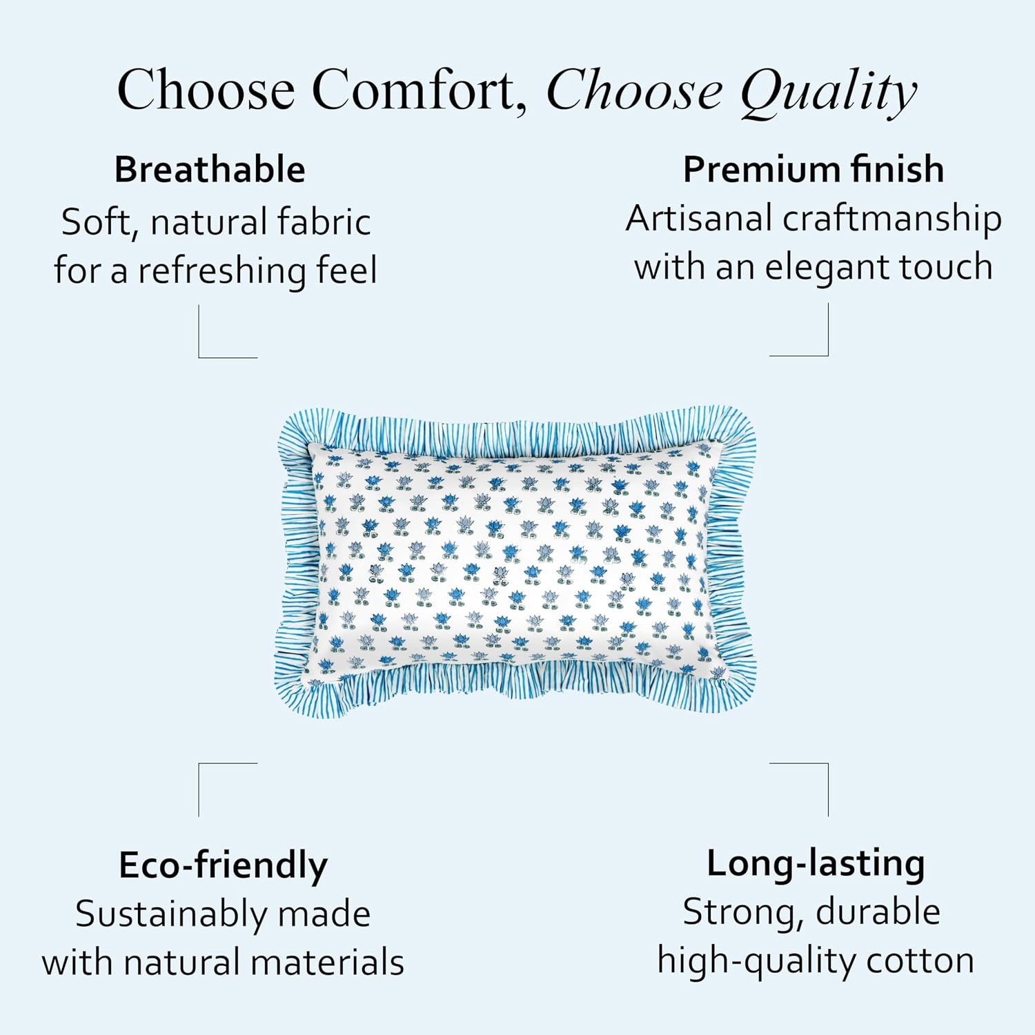 Cottonprintclub CPC Hand Block Print Arctic Blue Ruffle Sham Pillow Cover 20" x 12" inch Hidden Zipper Decorative Pillowcase for Couch, Bed…