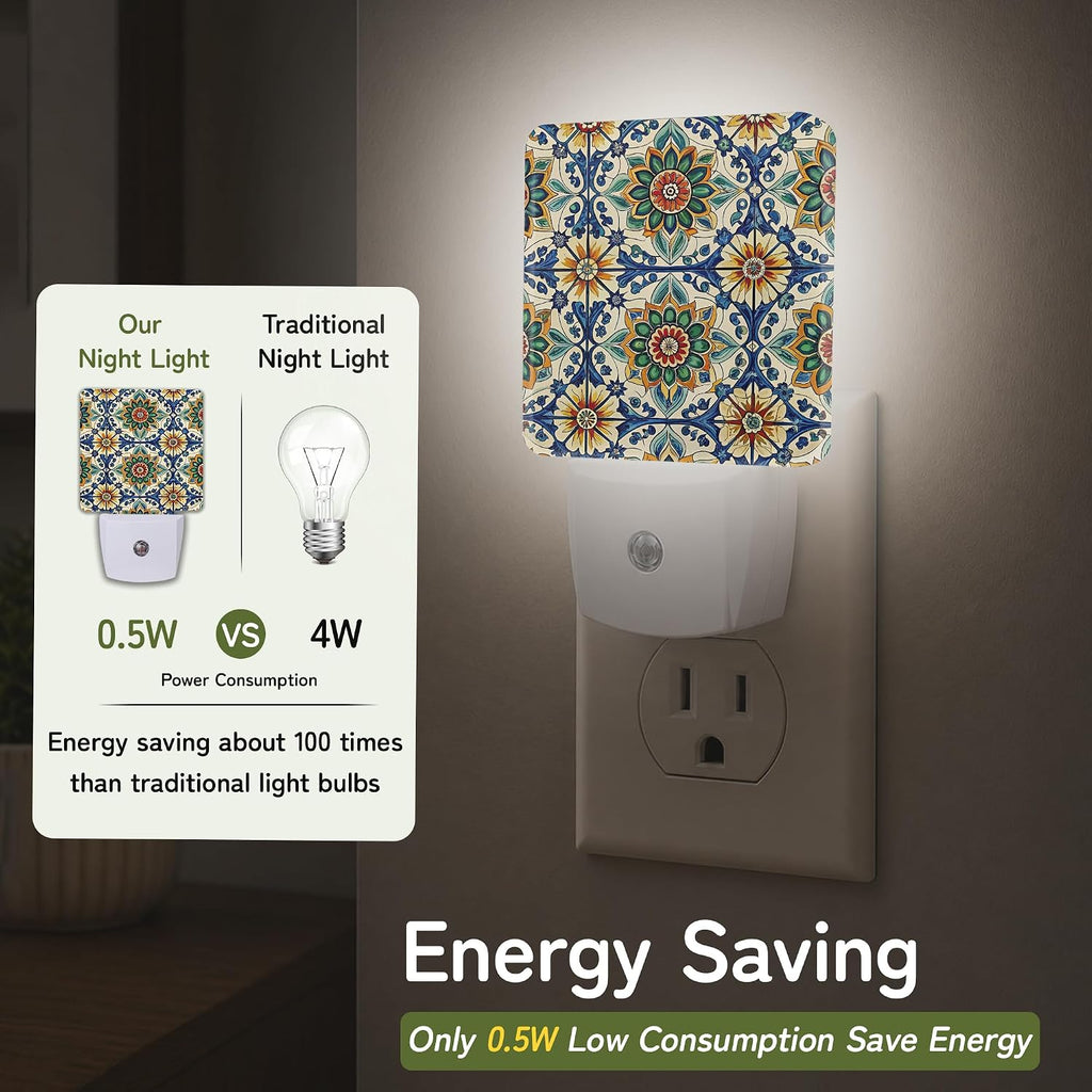 Mediterranean Floral Tile Night Lights Plug into Wall, Night Light with Dusk to Dawn Sensor for Bedroom Bathroom Kitchen Hallway Stairs…