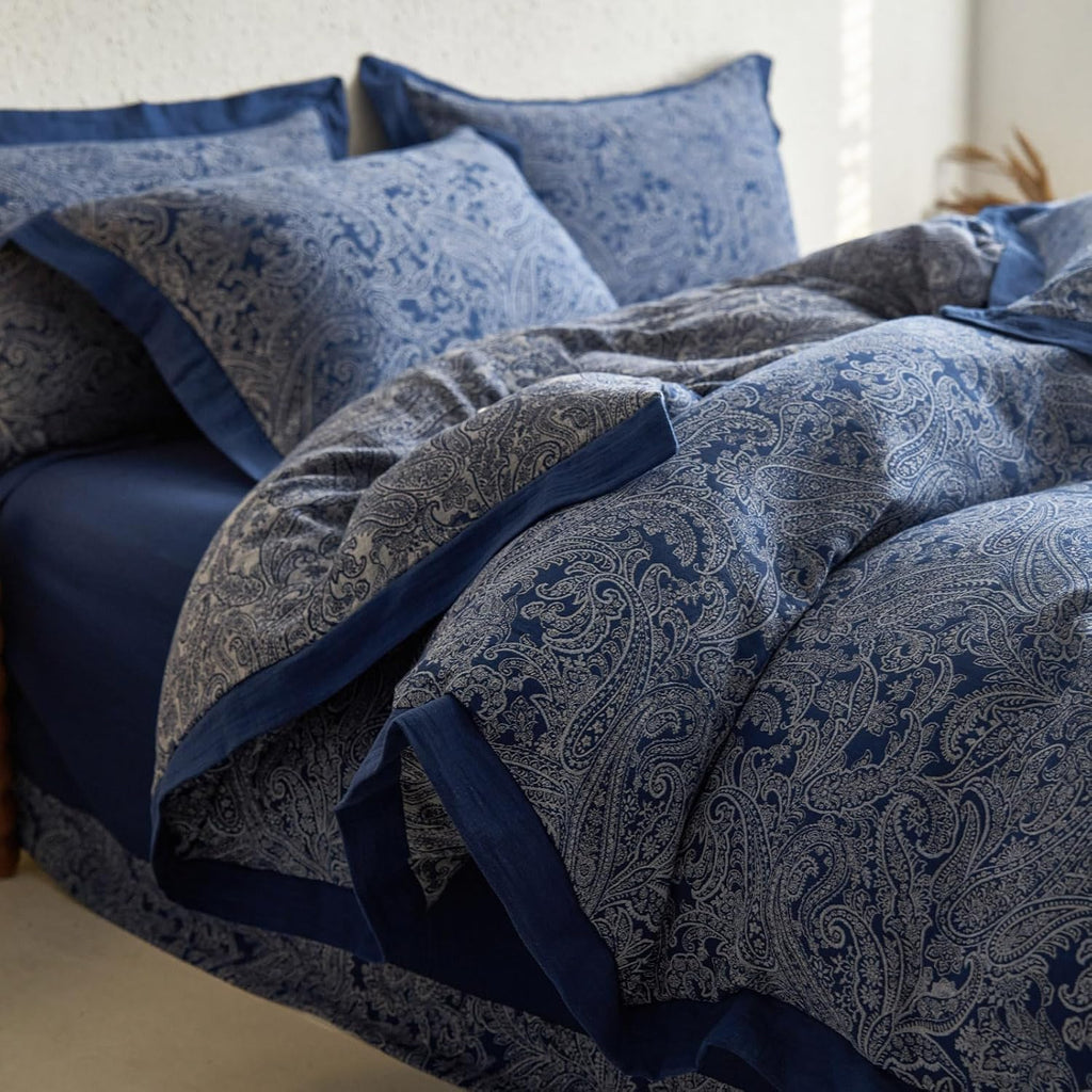 mixinni Muslin Cotton Vintage Navy Blue Paisley Floral Duvet Cover Queen Size 3pcs Yarn Dyed Burgundy Jacquard Weave Bedding Comforter Cove…