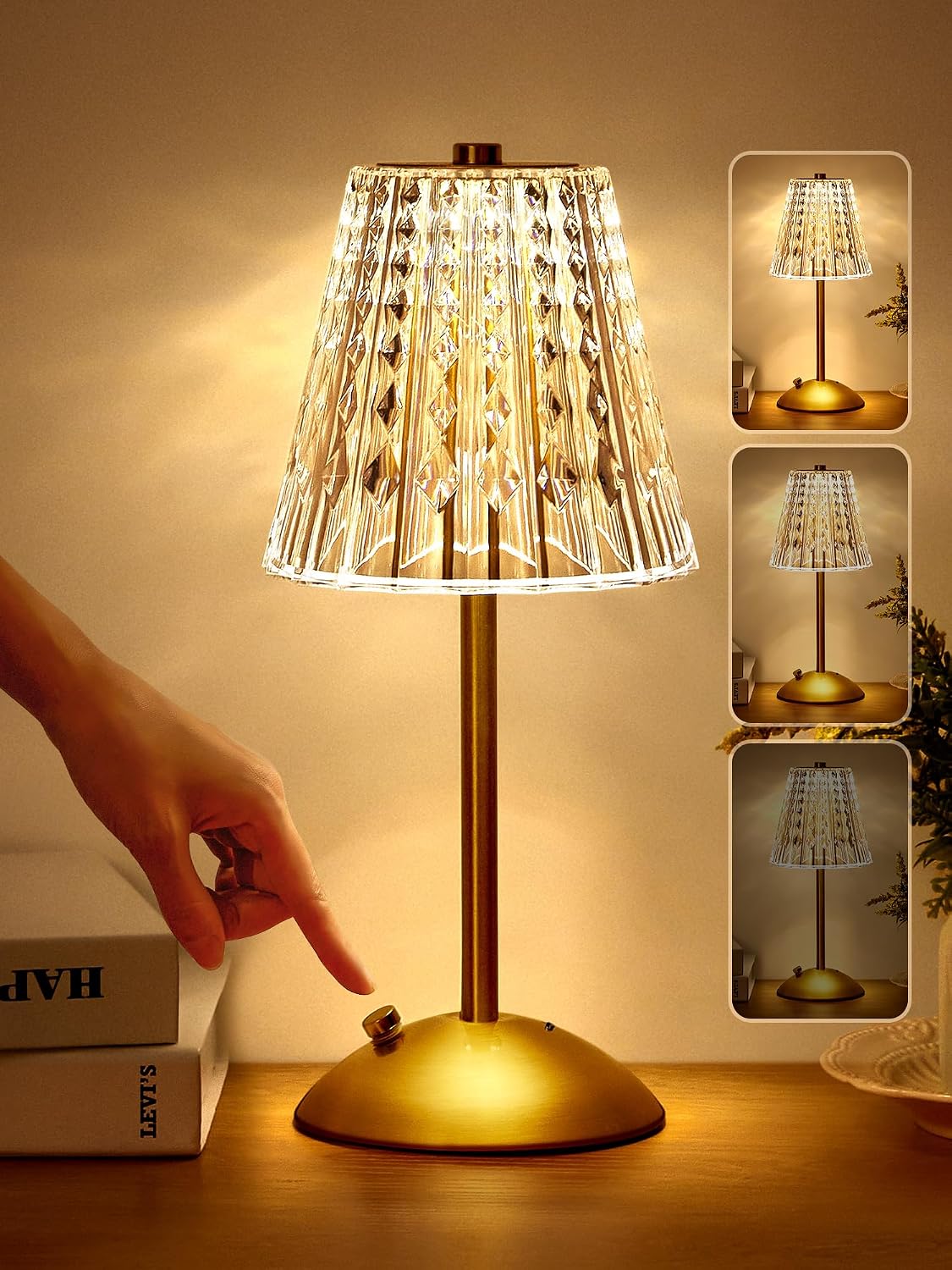Crystal Cordless Lamp, Dimmable+3 Colors Rechargeable Lamp, Touch+2000mAh Battery Operated Vintage Ambient Light for…