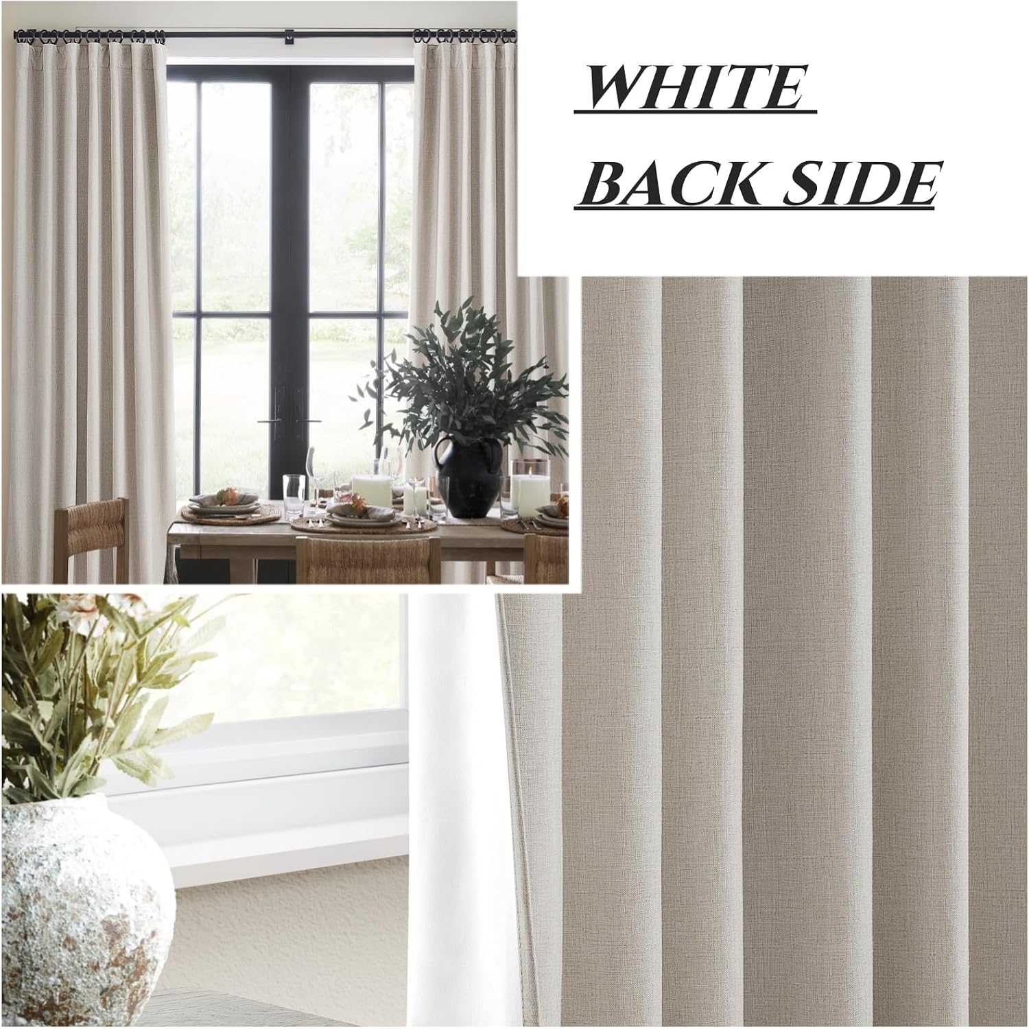 Qjmydeco Natural Linen Blackout 92 Inch Bedroom Curtains 2 Panel Sets, Rustic Boho Cream Pleated Ceiling Track Curtain for Dining Room Heat…