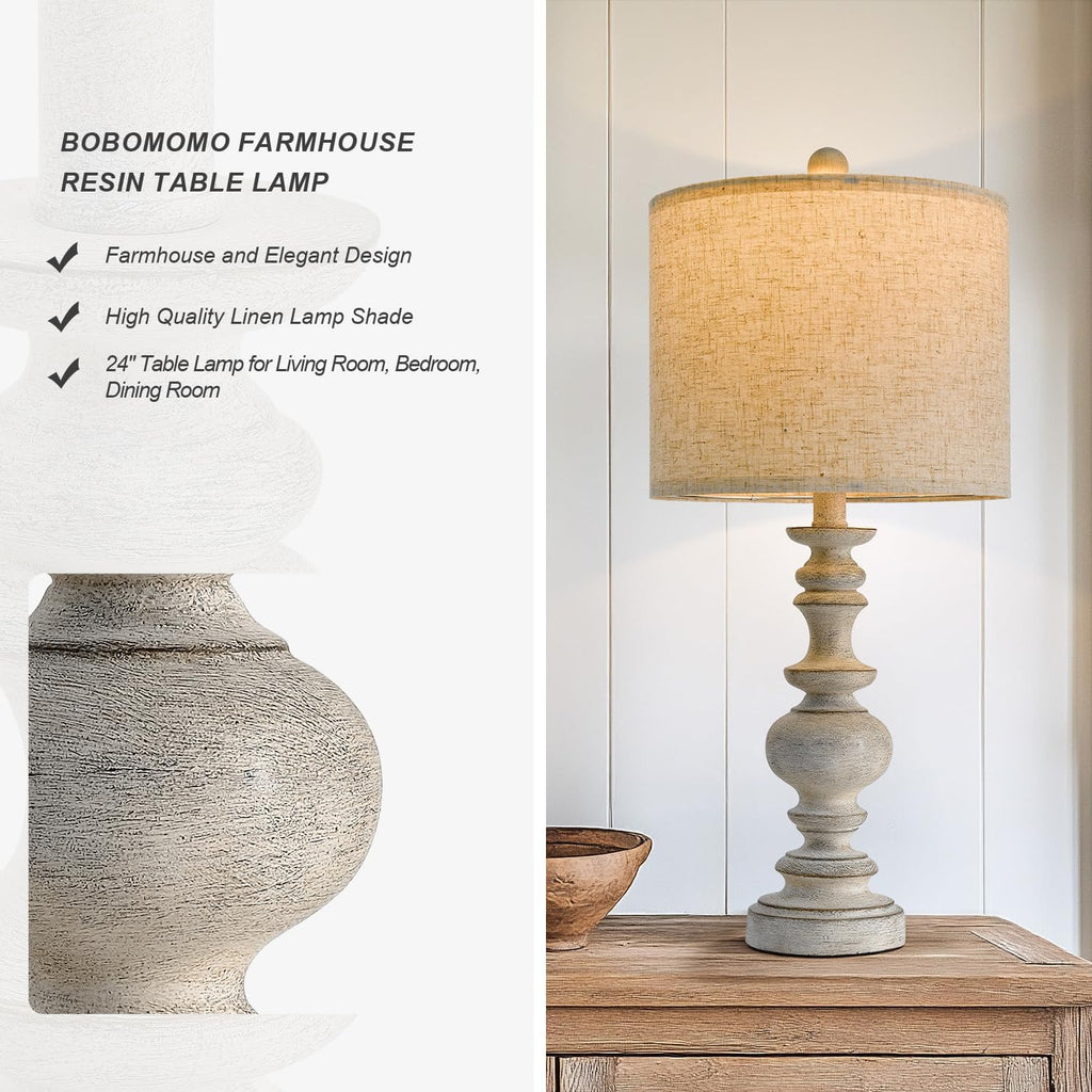 BOBOMOMO 24" Farmhouse Retro Table Lamp Set of 2, Traditional Resin Lamps for Living Room Bedroom, Vintage Bedroom Lamps with Linen…