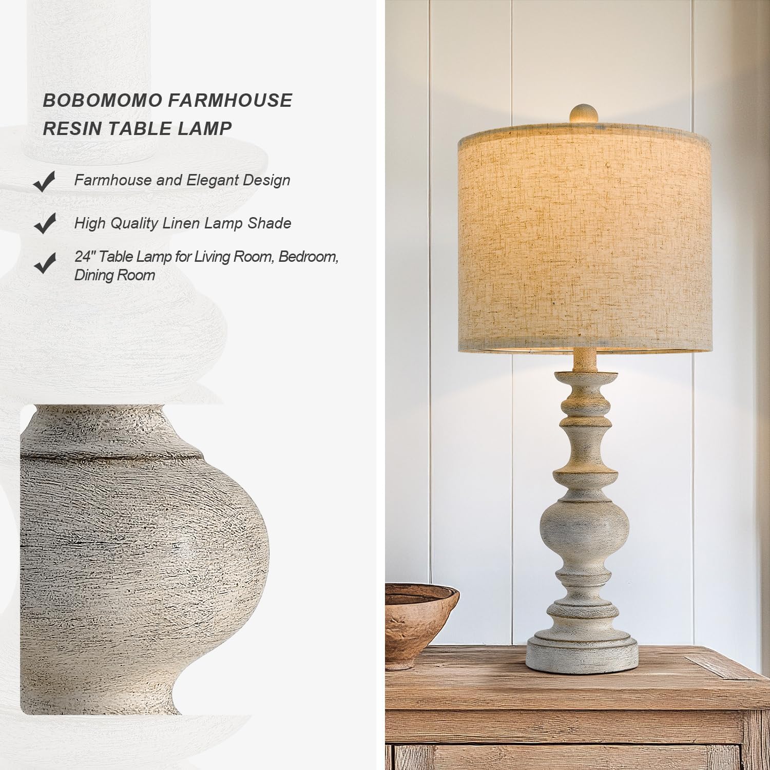 BOBOMOMO 24" Farmhouse Retro Table Lamp Set of 2, Traditional Resin Lamps for Living Room Bedroom, Vintage Bedroom Lamps with Linen…