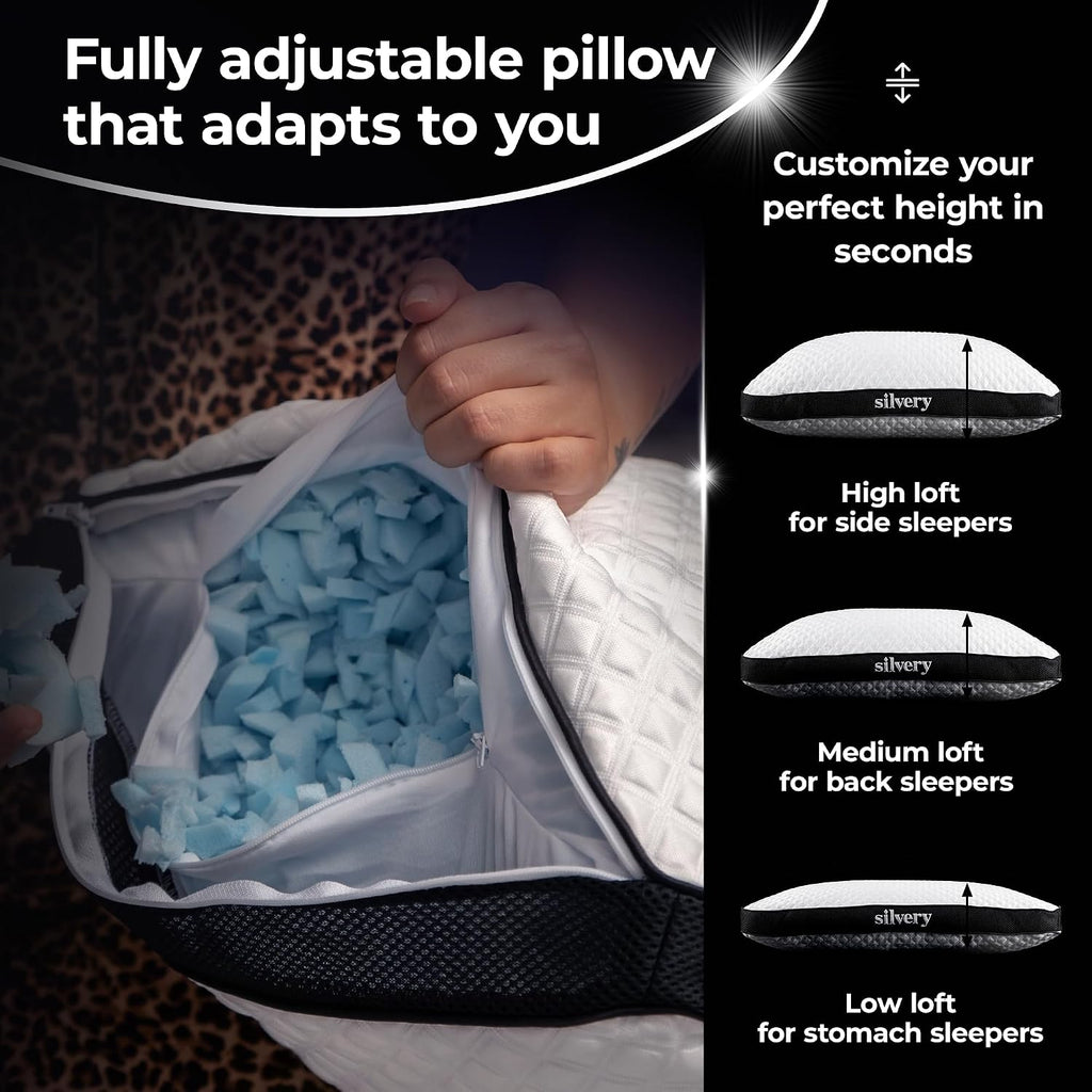 Silvery Silver Infused Restcool Bed Pillow - Adjustable Memory Foam Fill with Self-Cooling Fabric - Self-Cleaning Technology that Stays…