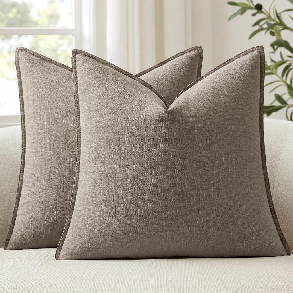 Anroduo Pack of 2 Decorative Linen Pillow Covers Mushroom Brown Neutral Farmhouse Boho Soild Cushion Case Soft Accent Pillowcase for Couch…
