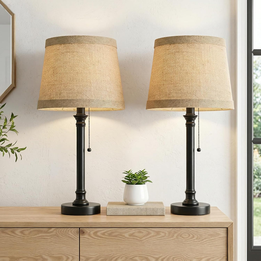 Oneach 19.5” Table Lamps Set of 2, Pull Chain Switch Bedside Table Lamps, Farmhouse Nightstand Lamp with Unique Natural Shade, Small Lamp…
