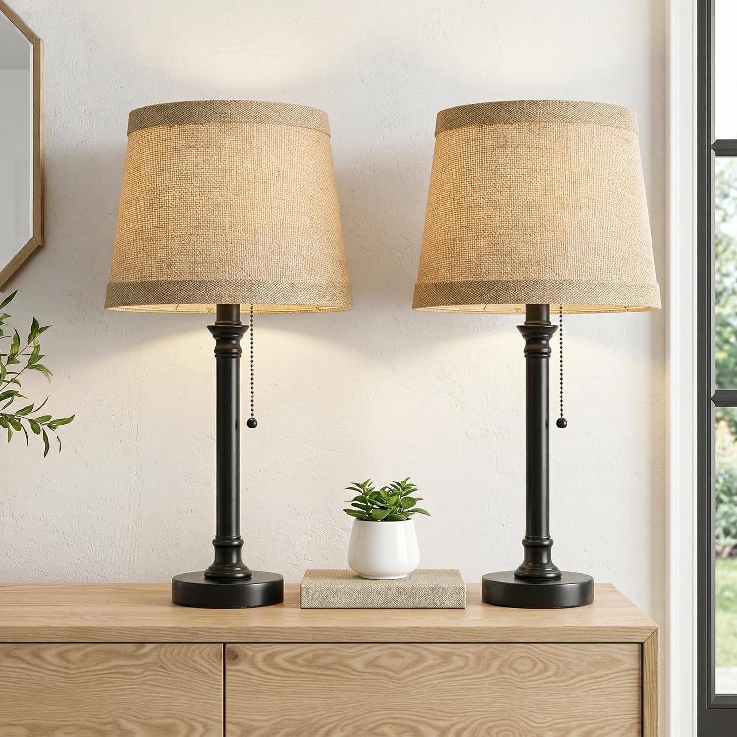 Oneach 19.5” Table Lamps Set of 2, Pull Chain Switch Bedside Table Lamps, Farmhouse Nightstand Lamp with Unique Natural Shade, Small Lamp…