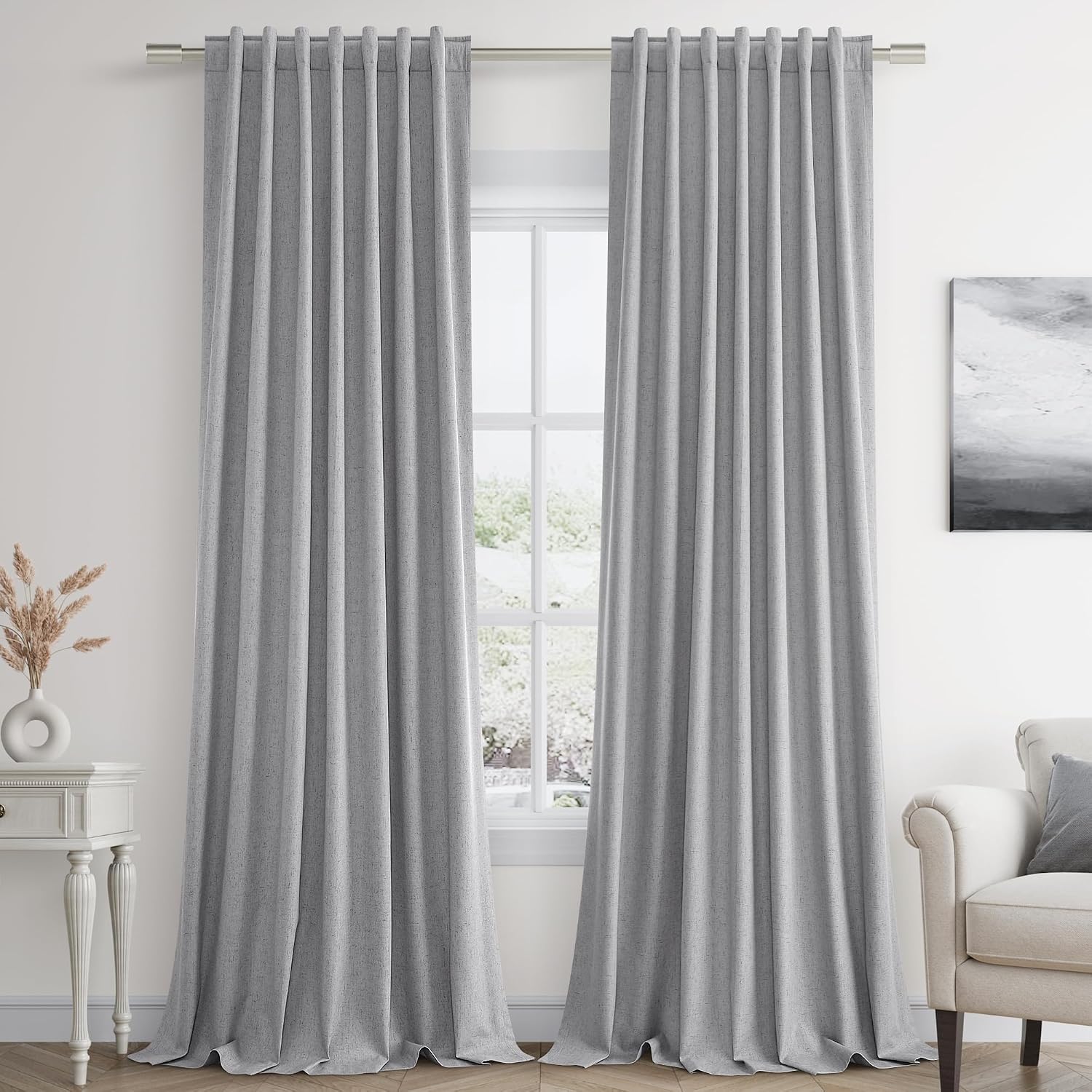 Guken Grey 100% Blackout Curtains 84 Inch Length 2 Panels Set for Living Room Bedroom Back Tab Thermal Insulated Black Out Linen Drapes Roo…