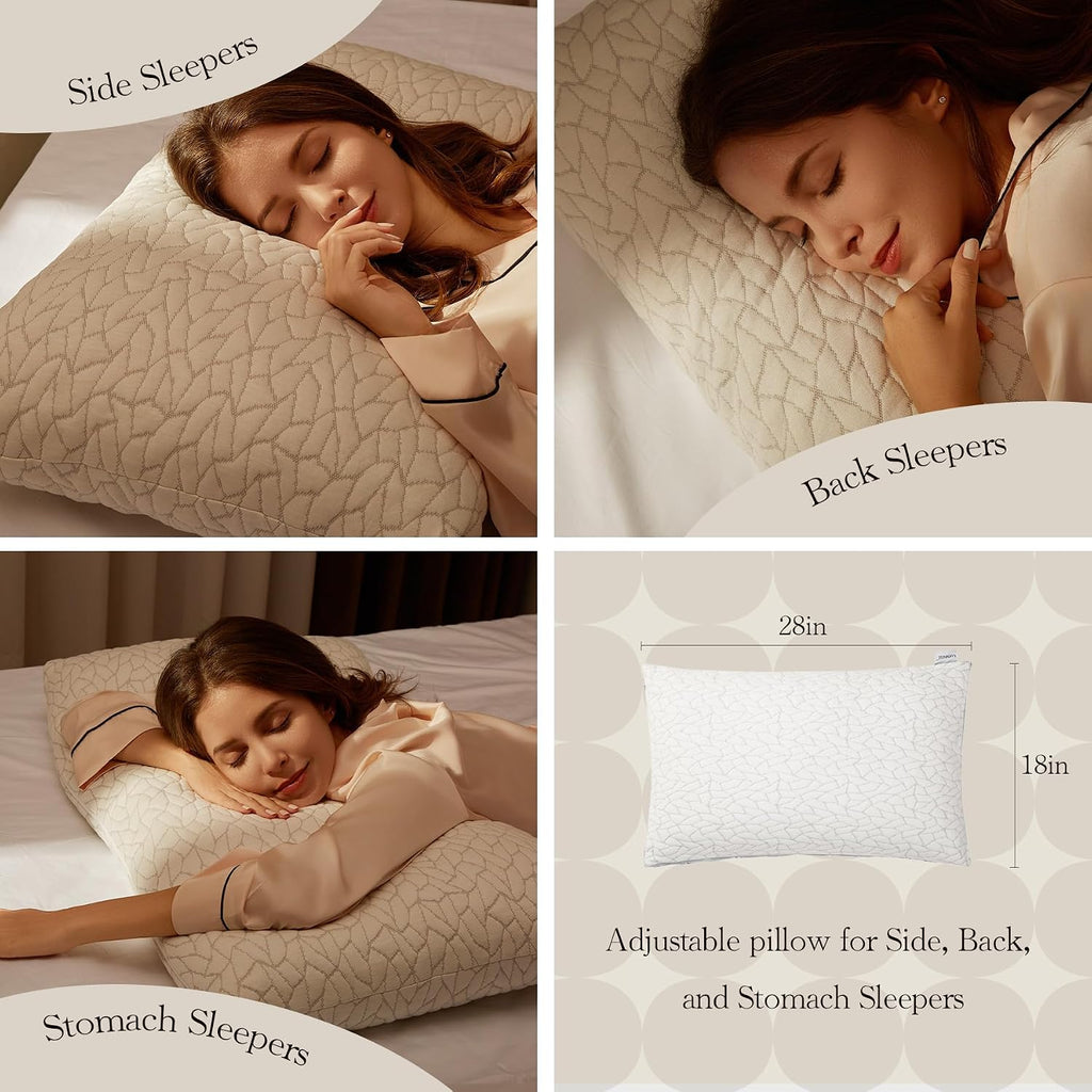 Memory Foam Pillows for Sleeping Adjustable Bamboo Blend Breathable Bed Pillow for Side, Back, and Stomach Sleepers Washable Pillow Cover…