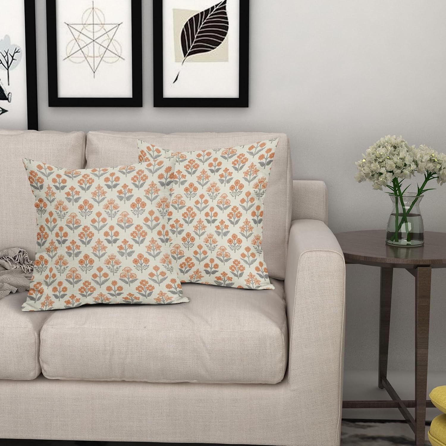 Orange Grey Gray Floral Block Print Pillow Covers 20x20 Inch Set of 2, Vintage Flower Pattern Decorative Throw Pillowcases Outdoor…
