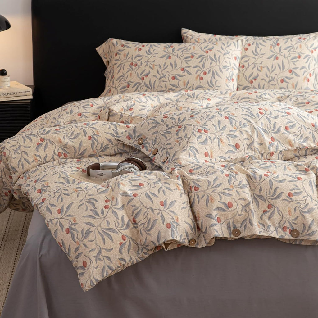 mixinni Cotton Linen Floral Duvet Cover Set, Vintage Botanical Print Comforter Cover with Wooden Buttons, Soft Breathable Blue Red Floral Bo…