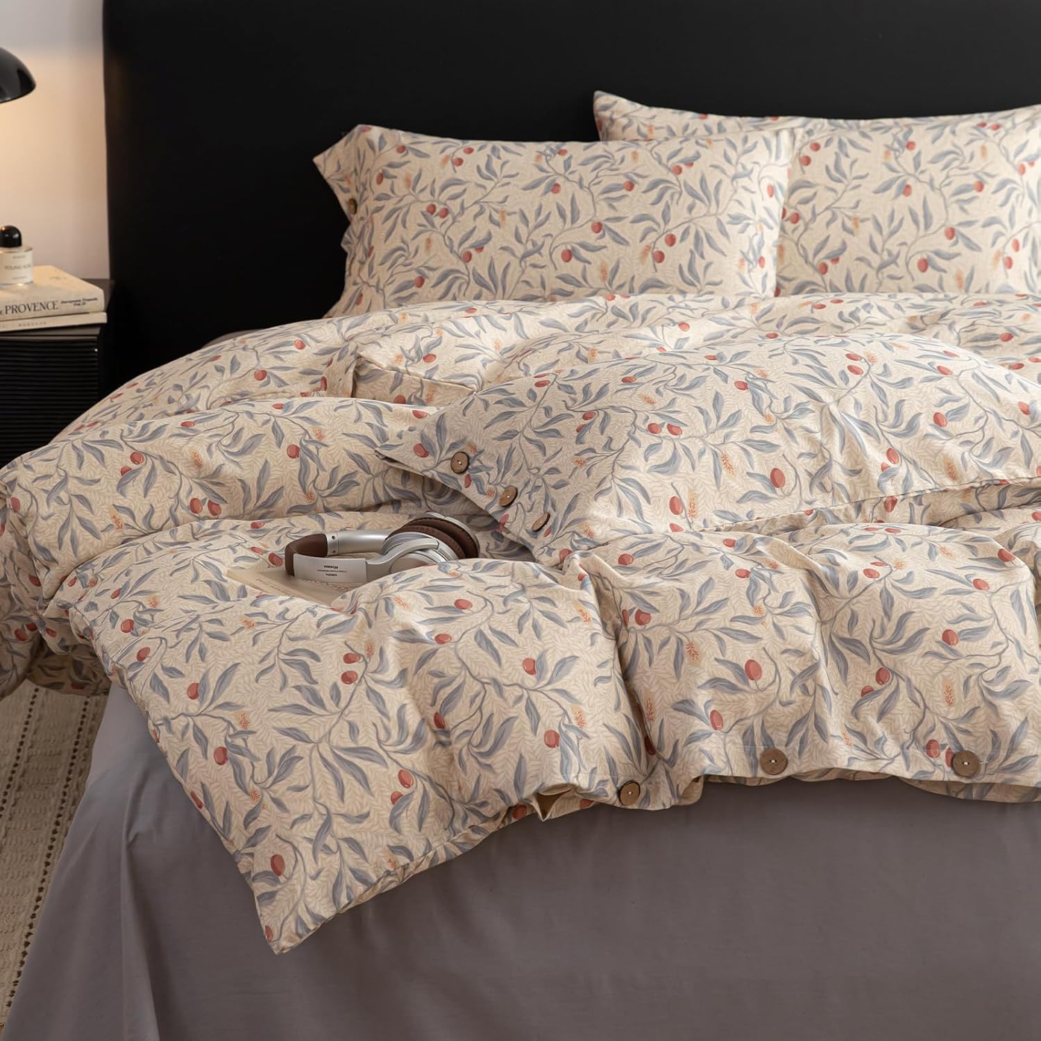mixinni Cotton Linen Floral Duvet Cover Set King Size – Vintage Botanical Print Bedding with Wooden Button Closure, Soft Breathable Cotton…