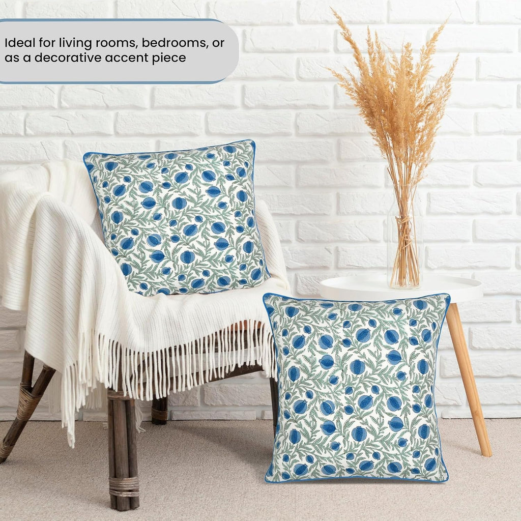 Ridhi Block Print Queen Blue Pillow Cover 20" x 20" (Pack of 2) Decorative Couch Pillows for Living Room, Farmhouse Chic Boho Cute Outdoor…