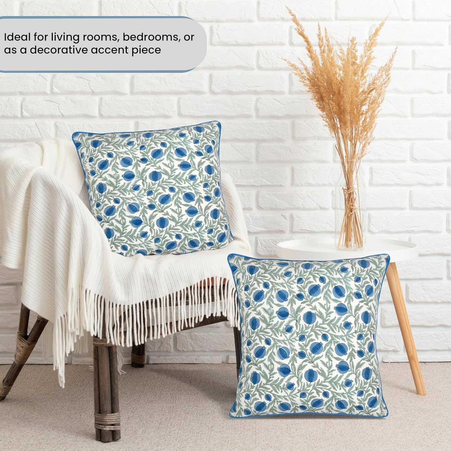 Ridhi Block Print Queen Blue Pillow Cover 24" x 24" (Pack of 2) Decorative Couch Pillows for Living Room, Farmhouse Chic Boho Cute Outdoor…