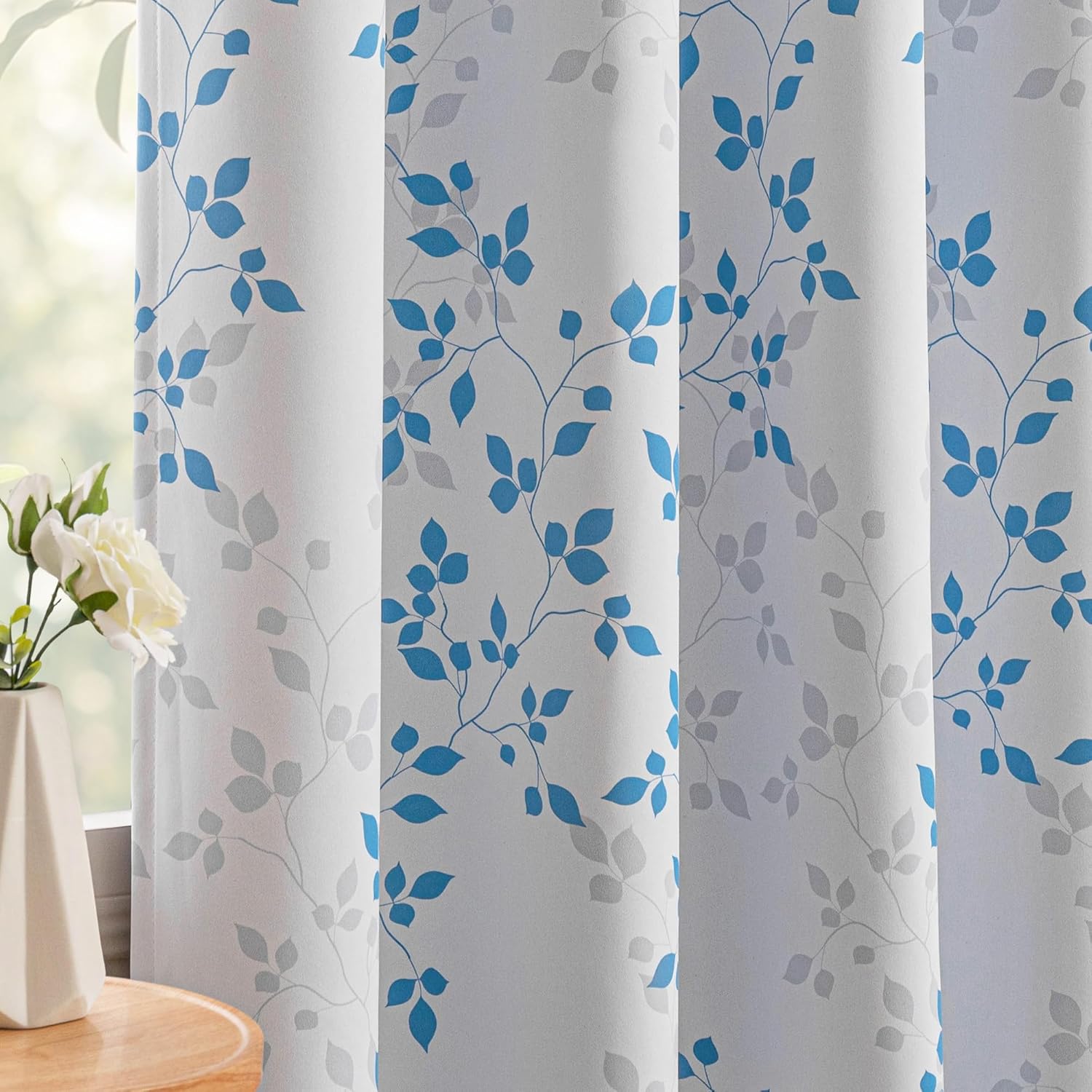 Meetsky 95% Blackout Curtains 84 Inch Long 2 Panels Set - Blue Leaves Patterned Curtain for Living Room, Room Darkening Thermal Insulated G…
