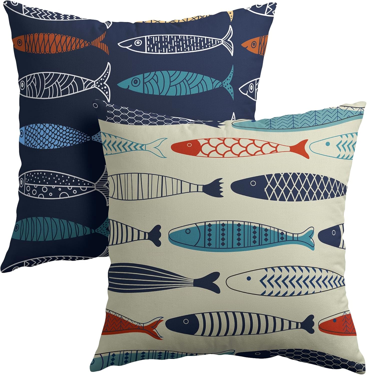 Fish Throw Pillow Covers Decorative Cotton Linen Pillowcases 22x22 inch Colorful Fish Pillow Case Set of 2 Nautical Theme Square Cushion…