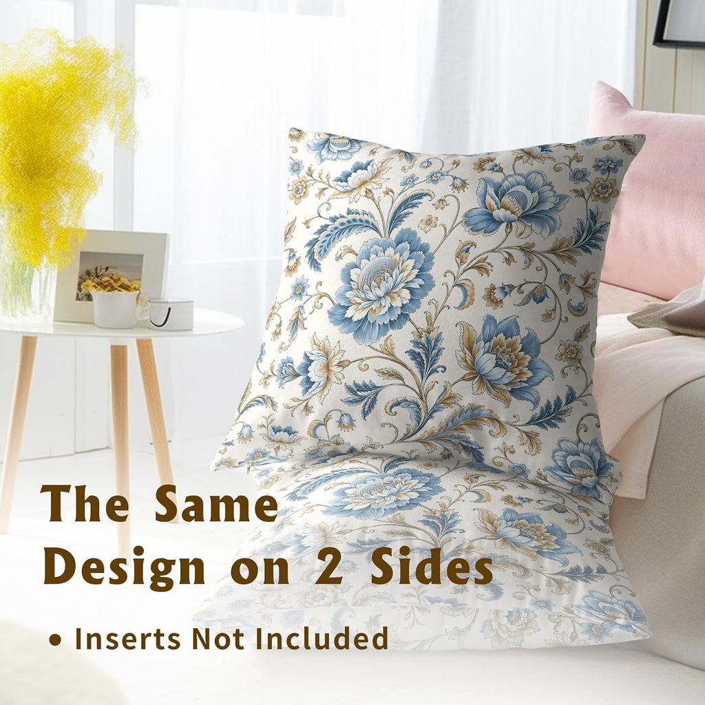 Blue Flowers Chinoiserie Print Throw Pillow Covers 22x22 Inch Set of 2 Vintage Floral Boho Cottage Spring Fall Decor Cushion Cover…