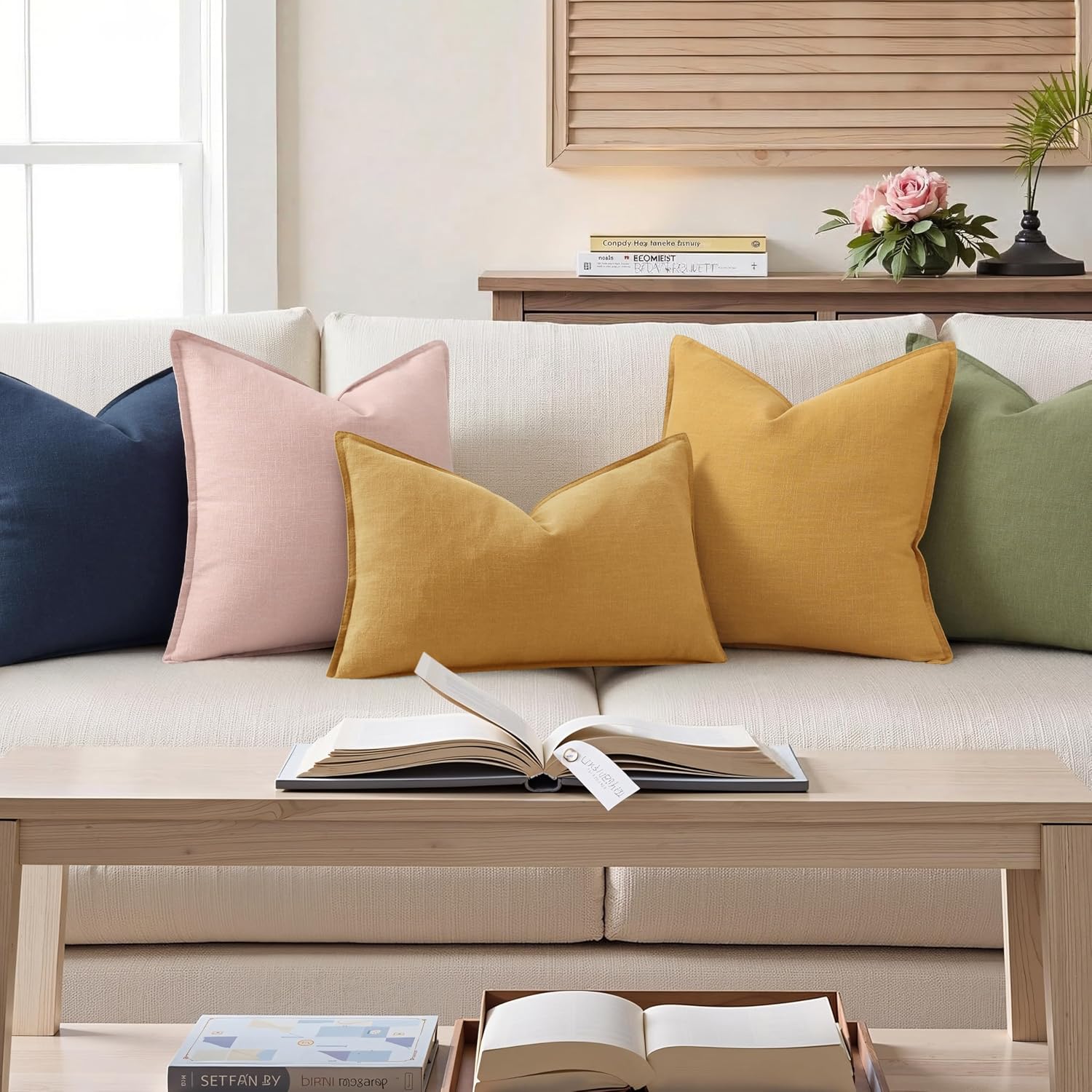decorUhome Summer Decorative Linen Throw Pillow Covers 12x20 Inch Set of 2 Mustard Yellow Lumbar Pillow Covers with Flange Edges Soft Farmh…