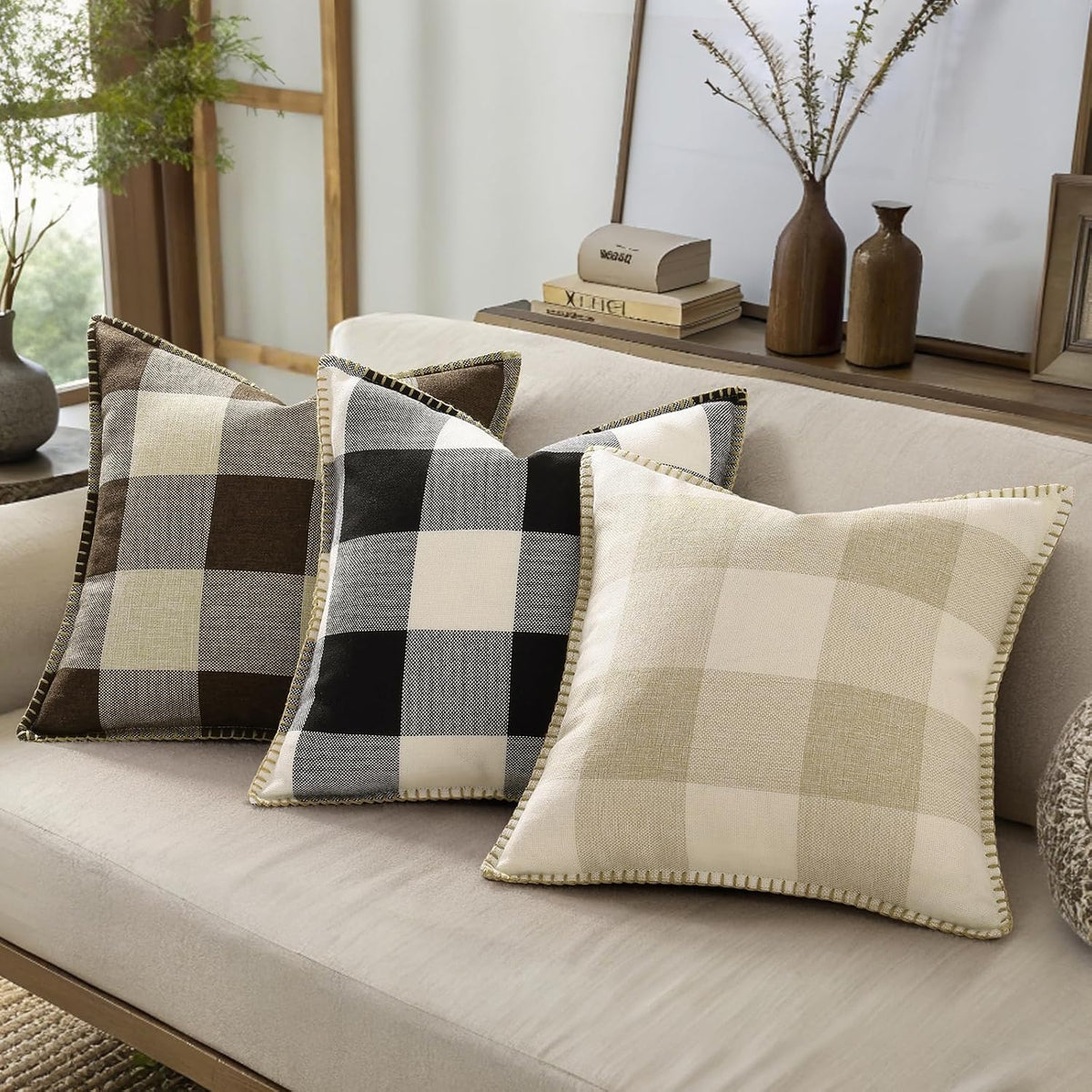 decorUhome Summer Buffalo Plaid Check Throw Pillow Covers 22x22 Set of 2 Outdoor Linen Decorative Farmhouse Gingham Euro Sham Pillow Covers…