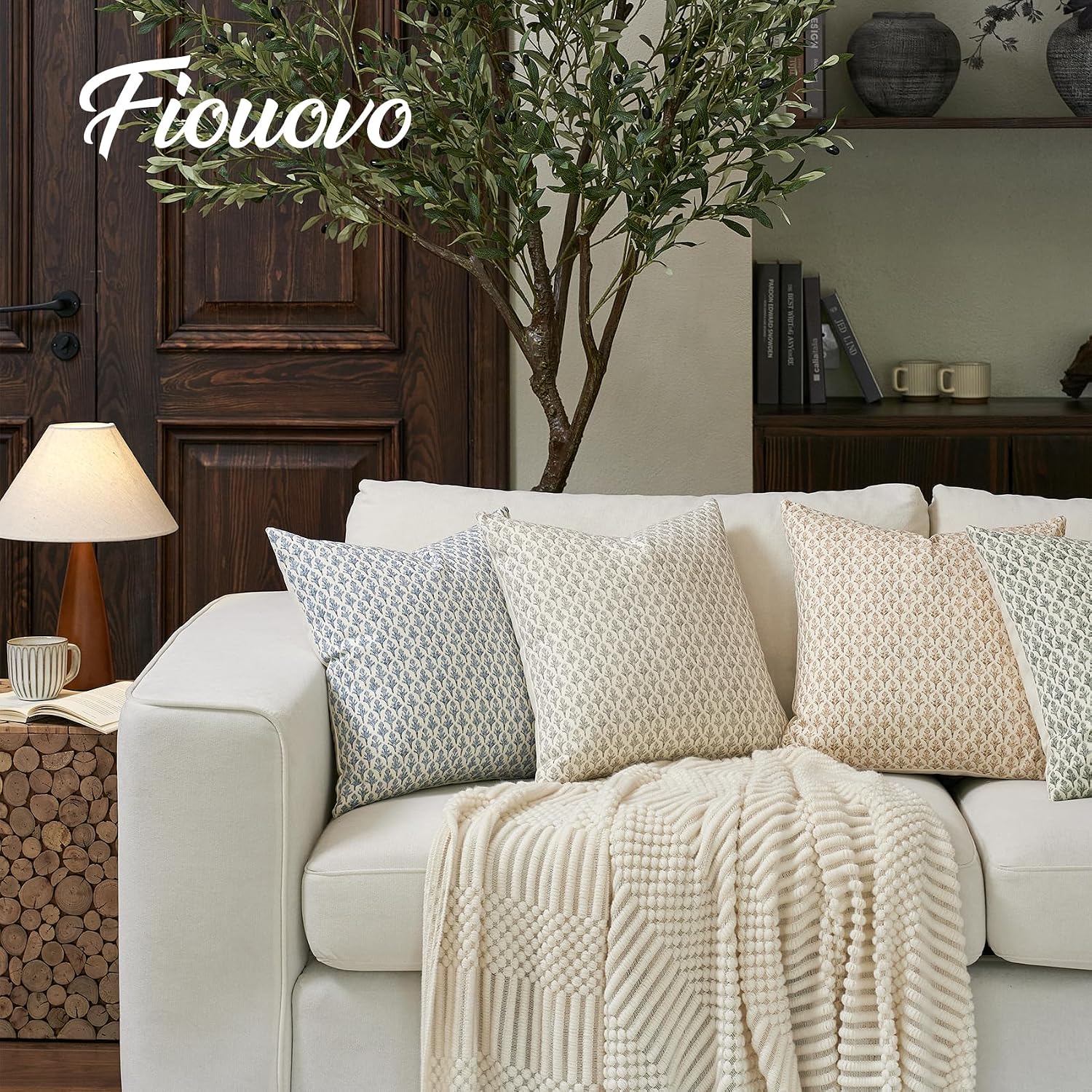 Fiouovohome FIOUOVO Floral Pillow Covers 18x18 Pillow Cover Block Print Couch Pillows for Living Room Decorative Neutral Accent Throw Pillo…