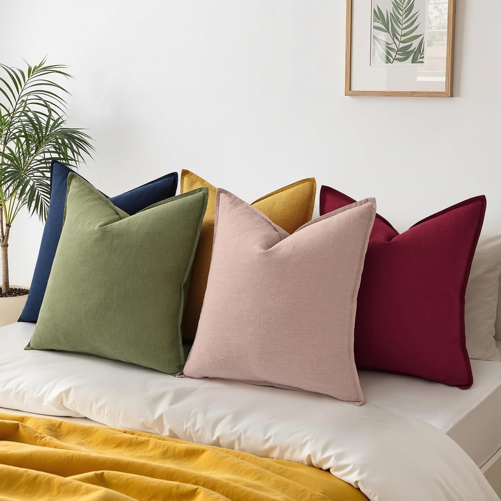 decorUhome Summer Decorative Linen Euro Sham Throw Pillow Covers 22x22 Inch Set of 2 Olive Green Pillow Covers with Flange Edges Soft Farmh…