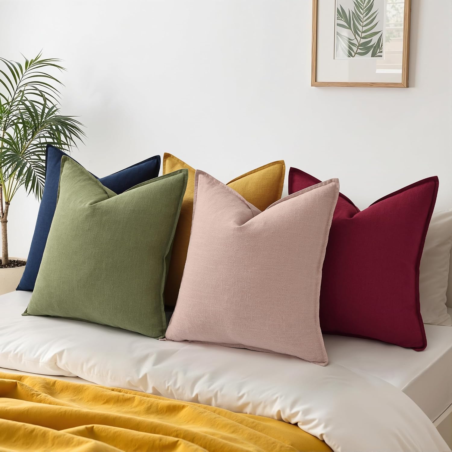 decorUhome Summer Decorative Linen Euro Sham Throw Pillow Covers 22x22 Inch Set of 2 Olive Green Pillow Covers with Flange Edges Soft Farmh…