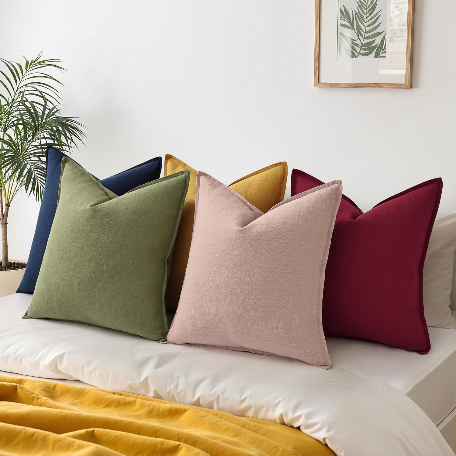 decorUhome Summer Decorative Linen Euro Sham Throw Pillow Covers 26x26 Inch Set of 2 Navy Blue Pillow Covers with Flange Edges Soft Farmhou…