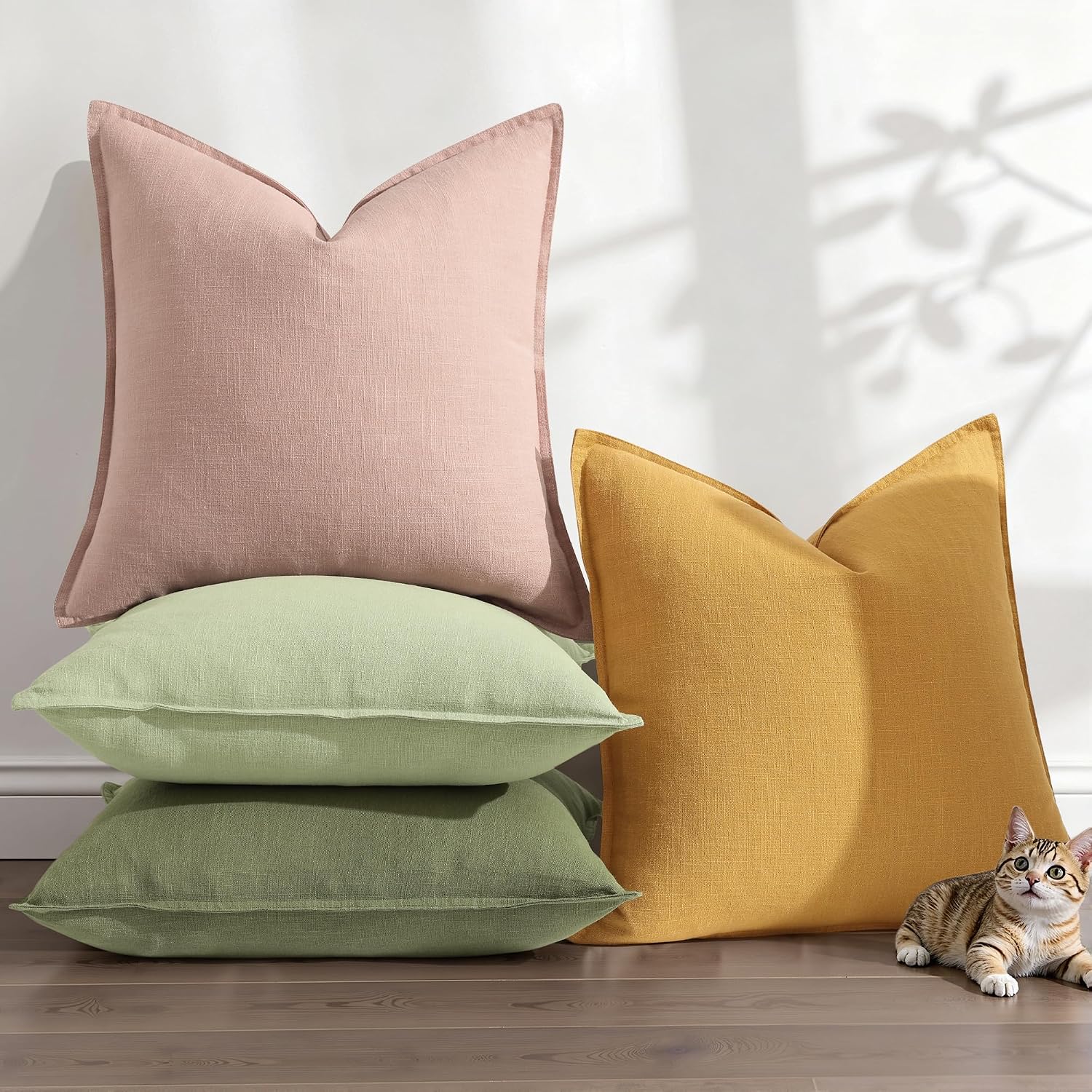 decorUhome Summer Decorative Linen Euro Sham Throw Pillow Covers 22x22 Inch Set of 2 Pink Pillow Covers with Flange Edges Soft Farmhouse Bo…