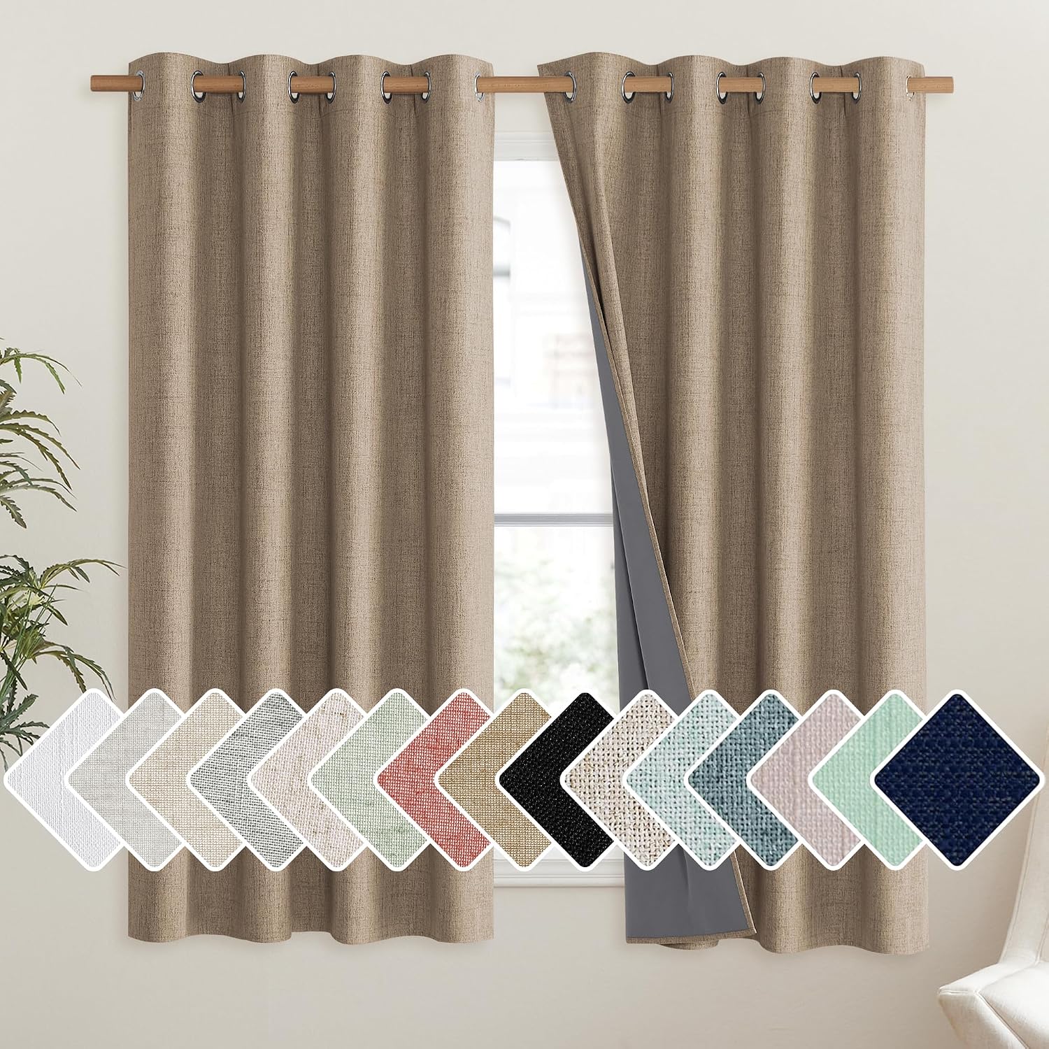 NICETOWN Burlap Vintage Open Linen Weave Flax Thermal Curtains, 100% Blackout Curtains 45" Long for Dining Room, Soundproof Window…