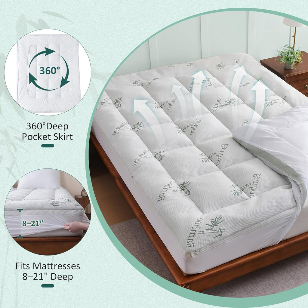 Downcool Memory Foam Mattress Topper Full, Cooling Pillow Top Mattress Pad with Viscose Derived from Bamboo, Back, Deep Pocket Fits 8–21 I…
