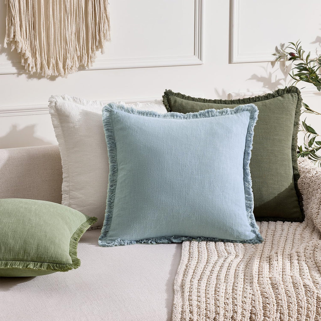 Anroduo Set of 2 Decorative Throw Pillow Covers 20×20 Inch Soft Linen Fringe Farmhouse Boho Vintage Cushion Covers with Tassels Accent Pill…
